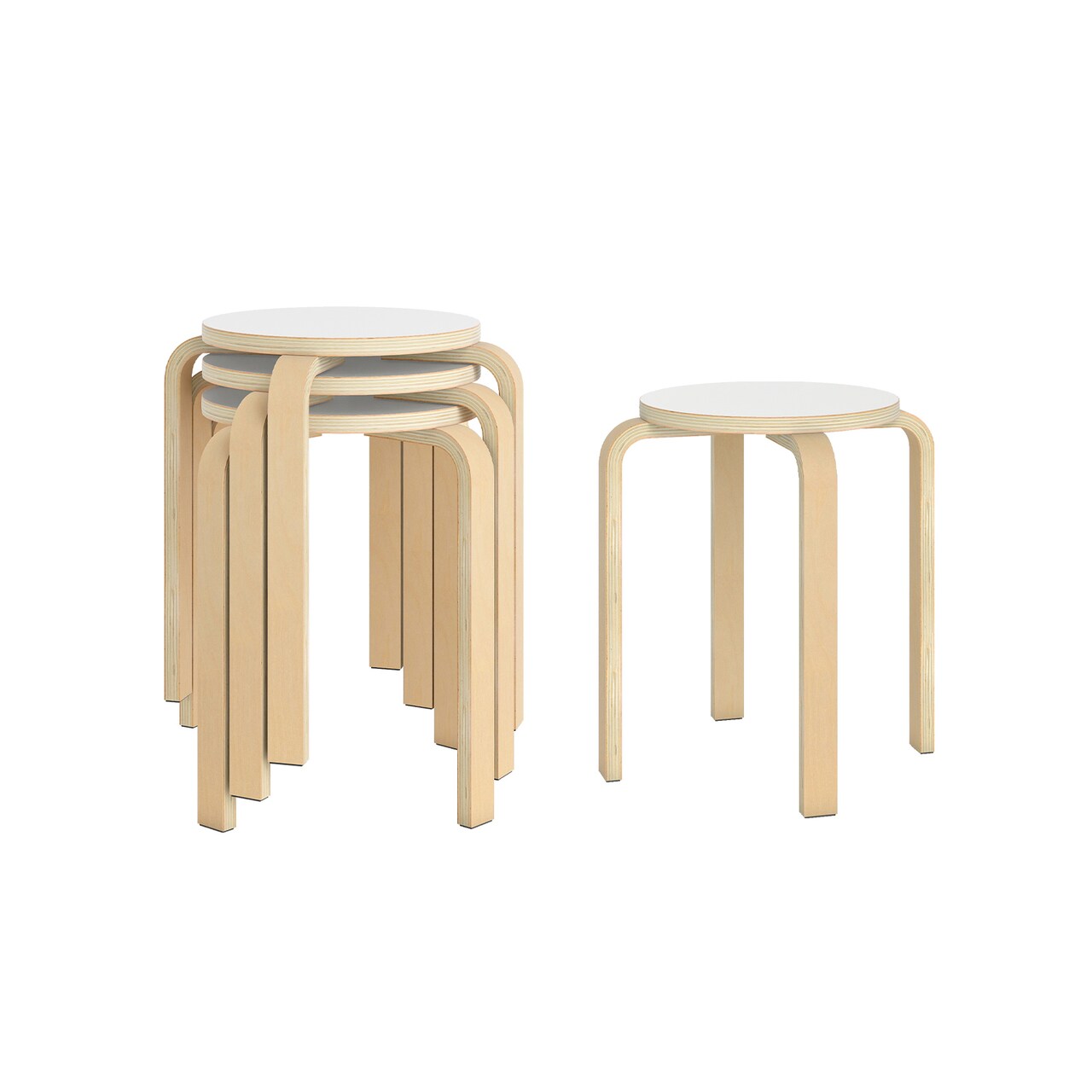 Set of 4 Wooden Stackable Stools Round Birch Wood Chairs, 265 lbs Capacity